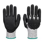 A pair of grey disposable nitrile gloves with a textured fingertip for grip, offering protection against chemicals and contaminants.