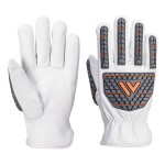 A pair of white leather work gloves with a reinforced palm and adjustable wrist strap, offering durable hand protection.