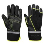 A pair of black waterproof work gloves with a grip-textured palm and adjustable wrist closure, suitable for wet outdoor conditions.
