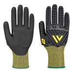 A pair of black disposable nitrile gloves with a textured fingertip for grip, offering protection against chemicals and contaminants.