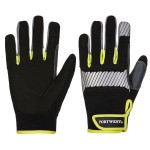 A pair of black work gloves with a textured grip palm and adjustable wrist closure, designed for general site use.