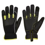 A pair of black work gloves with a textured grip palm and adjustable wrist closure, designed for general site use.