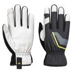 A pair of black leather work gloves with a reinforced palm and adjustable wrist strap, offering durable hand protection.