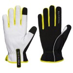 A pair of black leather work gloves with a reinforced palm and adjustable wrist strap, offering durable hand protection.