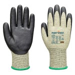 A pair of green work gloves with cut-level F13 protection, a textured grip palm, and an elasticated cuff for a secure fit.