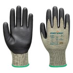 A pair of green work gloves with cut-level C18 protection, a textured grip palm, and an elasticated cuff for a secure fit.