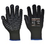 A pair of black anti-vibration gloves with a padded palm and gel insert, designed to reduce hand-arm vibration exposure.