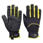 A pair of black work gloves with a textured grip palm and adjustable wrist closure, designed for general site use.