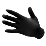 A pair of black disposable nitrile gloves with a textured fingertip for grip, offering protection against chemicals and contaminants.