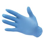 A pair of blue disposable nitrile gloves with a textured fingertip for grip, offering protection against chemicals and contaminants.