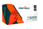 A pair of orange disposable nitrile gloves with a textured fingertip for grip, offering protection against chemicals and contaminants.