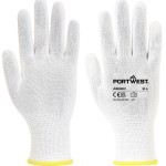 A pair of white work gloves with a textured grip palm and adjustable wrist closure, designed for general site use.