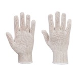 A pair of white work gloves with a textured grip palm and adjustable wrist closure, designed for general site use.