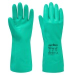 A pair of green disposable nitrile gloves with a textured fingertip for grip, offering protection against chemicals and contaminants.