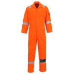 A orange coverall featuring flame-resistant fabric, suitable for a wide range of outdoor and site work applications.
