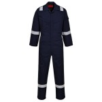 A navy blue coverall featuring flame-resistant fabric, suitable for a wide range of outdoor and site work applications.