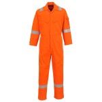 A orange coverall featuring flame-resistant fabric, suitable for a wide range of outdoor and site work applications.