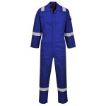 A blue coverall featuring flame-resistant fabric, suitable for a wide range of outdoor and site work applications.