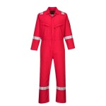 A red coverall featuring flame-resistant fabric, suitable for a wide range of outdoor and site work applications.