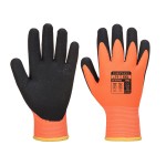 A pair of orange disposable nitrile gloves with a textured fingertip for grip, offering protection against chemicals and contaminants.