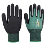 A pair of green disposable nitrile gloves with a textured fingertip for grip, offering protection against chemicals and contaminants.