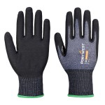 A pair of blue work gloves with cut-level C15 protection, a textured grip palm, and an elasticated cuff for a secure fit.