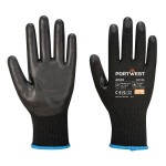 A pair of black work gloves with a textured grip palm and adjustable wrist closure, designed for general site use.