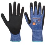 A pair of blue work gloves with cut-level C13 protection, a textured grip palm, and an elasticated cuff for a secure fit.