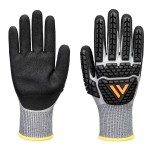 A pair of grey disposable nitrile gloves with a textured fingertip for grip, offering protection against chemicals and contaminants.