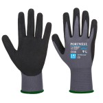 A pair of grey disposable nitrile gloves with a textured fingertip for grip, offering protection against chemicals and contaminants.