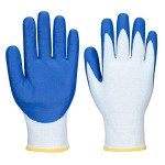 A pair of blue work gloves with cut-level C13 protection, a textured grip palm, and an elasticated cuff for a secure fit.
