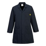 A navy blue jacket featuring anti-static properties, suitable for a wide range of outdoor and site work applications.