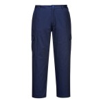A pair of navy blue work trousers featuring anti-static properties, suitable for a wide range of outdoor and site work applications.