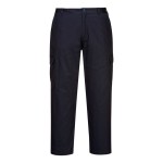 A pair of navy blue work trousers featuring anti-static properties, suitable for a wide range of outdoor and site work applications.