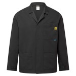 A black jacket featuring anti-static properties, suitable for a wide range of outdoor and site work applications.