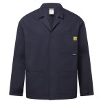 A navy blue jacket featuring anti-static properties, suitable for a wide range of outdoor and site work applications.