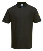 A black polo shirt featuring anti-static properties, suitable for a wide range of outdoor and site work applications.