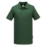 A green polo shirt featuring anti-static properties, suitable for a wide range of outdoor and site work applications.