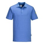 A blue polo shirt featuring anti-static properties, suitable for a wide range of outdoor and site work applications.