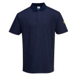 A navy blue polo shirt featuring anti-static properties, suitable for a wide range of outdoor and site work applications.
