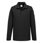 A black polo shirt featuring anti-static properties, suitable for a wide range of outdoor and site work applications.