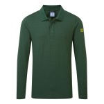 A green polo shirt featuring anti-static properties, suitable for a wide range of outdoor and site work applications.