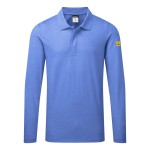 A blue polo shirt featuring anti-static properties, suitable for a wide range of outdoor and site work applications.