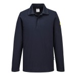 A navy blue polo shirt featuring anti-static properties, suitable for a wide range of outdoor and site work applications.
