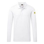 A white polo shirt featuring anti-static properties, suitable for a wide range of outdoor and site work applications.