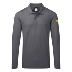 A grey polo shirt featuring anti-static properties, suitable for a wide range of outdoor and site work applications.
