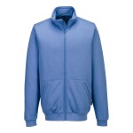 A blue work shirt featuring a full-length zip front, anti-static properties, suitable for a wide range of outdoor and site work applications.