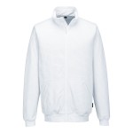 A white work shirt featuring a full-length zip front, anti-static properties, suitable for a wide range of outdoor and site work applications.
