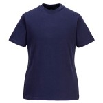 A women's navy blue work shirt designed for use on construction sites and in industrial work environments.,