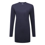 A women's navy blue work shirt designed for use on construction sites and in industrial work environments.,